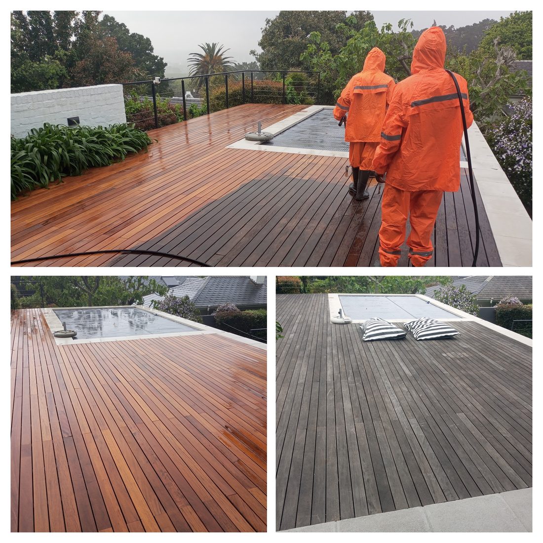 ProWash technicians in protective waterproof gear pressure washing a property