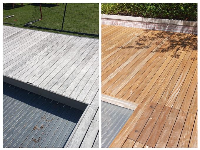 Grey weathered hardwood deck restored to warm natural timber, Cape Town
