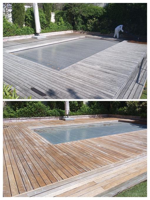 Wooden deck before and after cleaning and sealing, Cape Town home