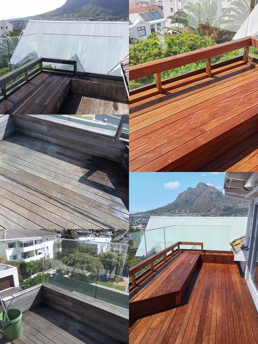 Slippery algae removed from a shaded timber deck, Cape Town
