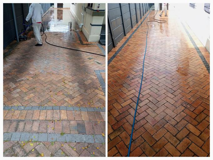 Brick paved driveway before and after pressure cleaning, Cape Town