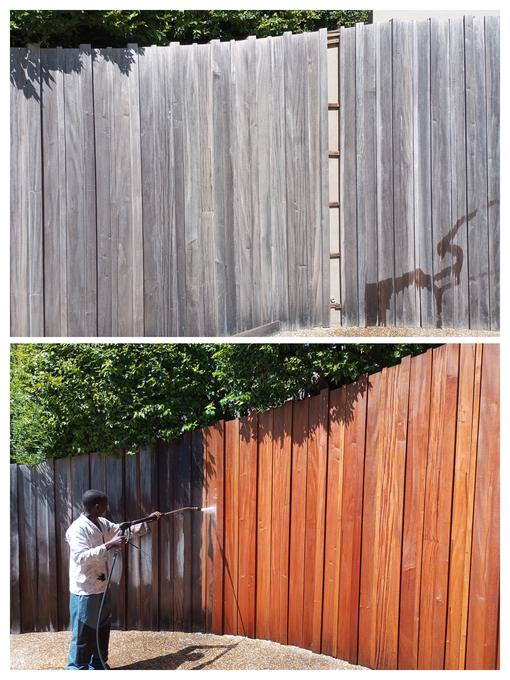 Weathered grey wooden fence restored to warm timber, Cape Town