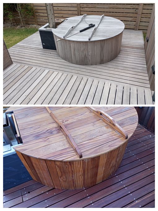Weathered round timber tub restored to natural wood colour, Cape Town